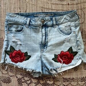 American Eagle Outfitters Light Blue Denim Shorts with Red Floral Embroidery 12